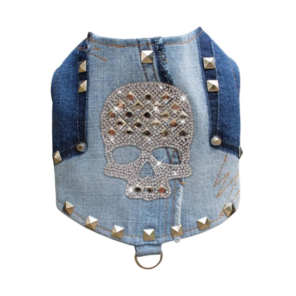 Upcycled Denim Crystal Skull Denim Harness Vest