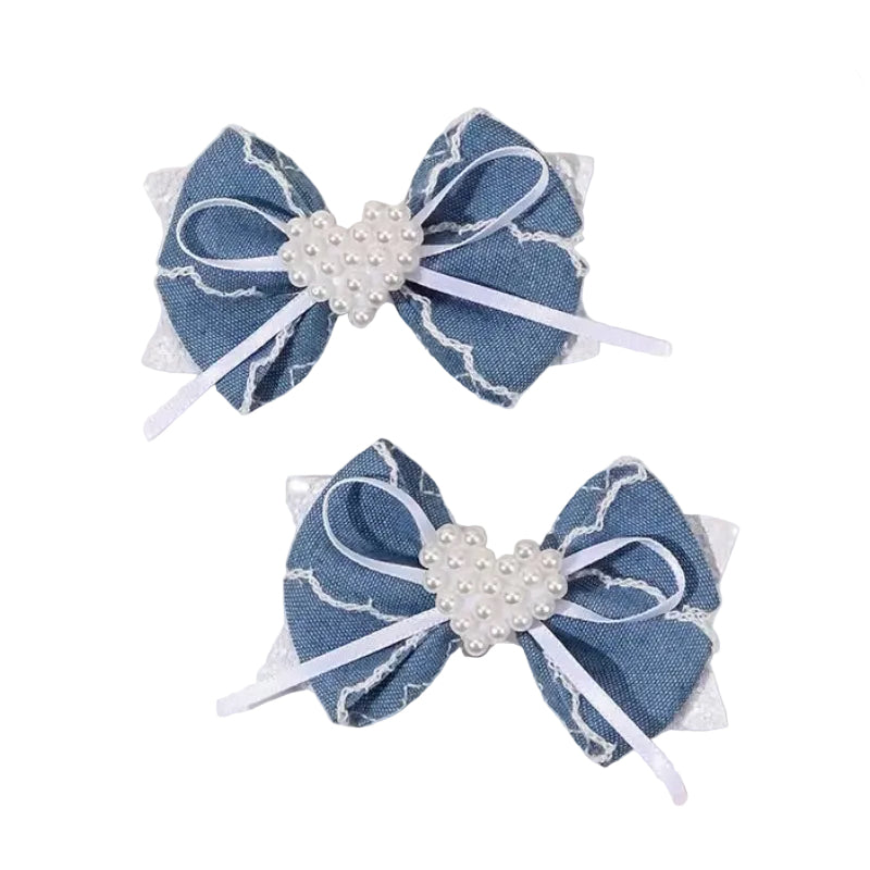 Denim Pearl Heart Bow Hair Clip