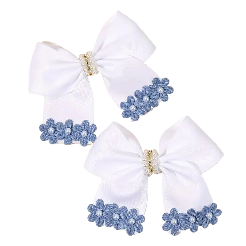 Blue & White Floral Bow Hair Clip